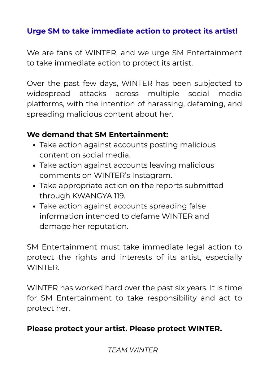 teamwinteroffcl's tweet photo. We urge SM Entertainment to take immediate action to protect their artist. 

WINTER has worked tirelessly for the past six years. It is SM Entertainment's responsibility to protect her. 

SM protect WINTER!

@aespa_official @SMTOWNGLOBAL
#SM_Protect_WINTER
#SM_아티스트_보호촉구 https://t.co/iPRL0qP12k