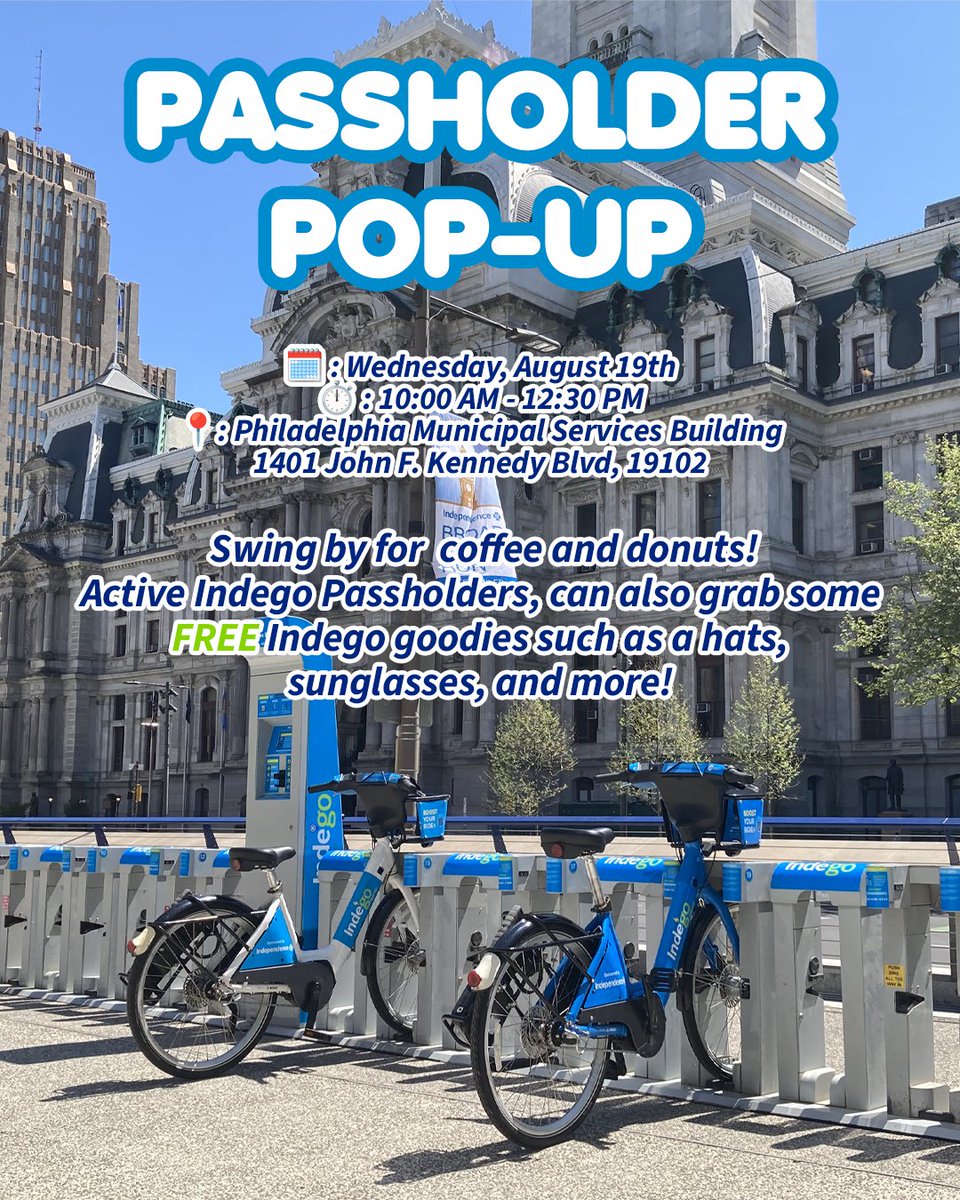 RideIndego's tweet photo. Join us Wednesday, August 19th, for an Indego Passholder Pop-Up at the Philadelphia Municipal Services Building. Come grab some coffee and donuts to fuel your day. If you are an active Indego Passholder, you can get some cool Indego swag by showing your active pass on the Indego app. Mark your calendar and visit us Wednesday, August 19th at 10 AM!