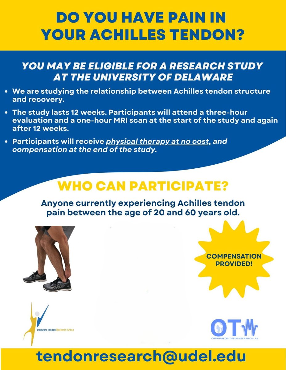 UD_CHRC's tweet photo. Do you have pain in your Achilles tendon?
We are studying the relationship between Achilles tendon structure and recovery.
The study lasts 12 weeks. Anyone currently experiencing Achilles tendon pain between the age of 20 and 60 years old.
Link in the comments! https://t.co/qtaj7rjGJ0