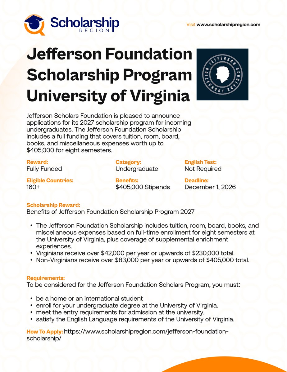 scholarsregion's tweet photo. Popular Scholarships in the United States for International Undergraduate Students 2026/27 #SRThread
Clark University Presidential Scholarship in USA 2027 | Fully Funded
https://t.co/dkIkBGVPyD
Jefferson Foundation Scholarship Program in USA (University of Virginia) | Fully Funded
https://t.co/kZBBNcI401
Hamline International Excellence Scholarship in United States 2027
https://t.co/pQ4yR73faD
The Gates Scholarship (TGS) in United States 2027 | Fully Funded
https://t.co/ctrO1kh0Qm
2027 University of Miami Stamps Scholarship in United States | Fully Funded
https://t.co/M8KroUoYuJ