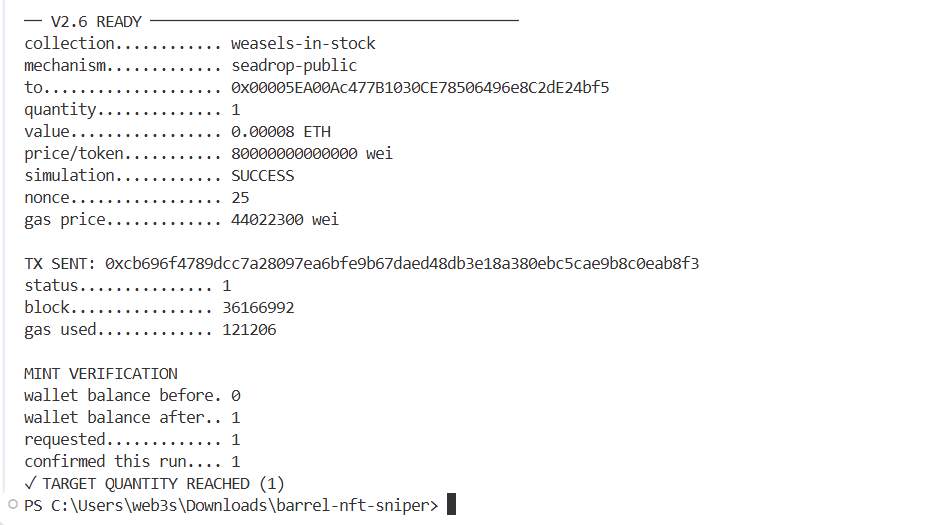 Barrel_111's tweet photo. Minted @weaselsonstock on Robin during the public phase

my bot was literally waiting for the public phase to open so it could fire

mp 0.0001 eth
fp 0.0025 eth
almost 30x
https://t.co/ckKZT9tZVa

dropping my bot in an hour

might limit it to the first 50 or 100, who knows

txn: 0xcb696f4789dcc7a28097ea6bfe9b67daed48db3e18a380ebc5cae9b8c0eab8f3