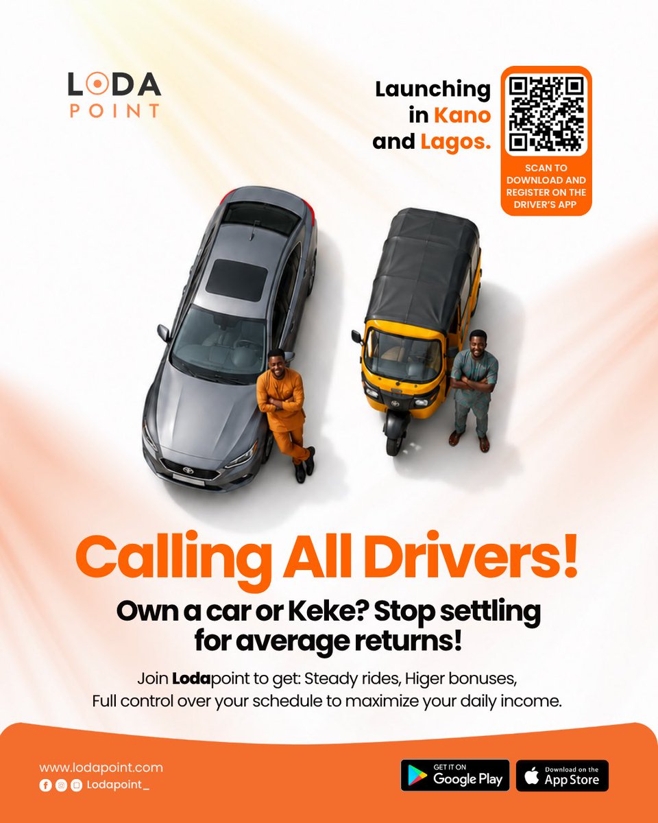 lodapoint's tweet photo. Turn your ride into income. Lodapoint is expanding into Lagos and Kano,signing up car and keke drivers.
Scan the QR code to download the Lodapoint Driver's App on Google Play or App Store and register today.
#Lodapoint #LodapointDrivers
#DriversWanted https://t.co/kx42EOFXrY