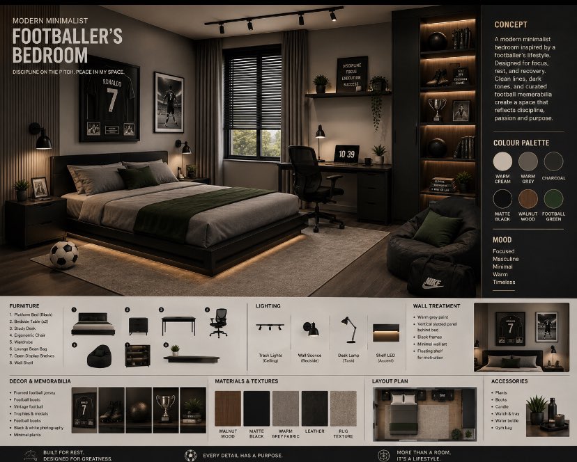 hannahslog's tweet photo. Here’s  another design with a concept for  “A Modern Minimalist Footballer’s Bedroom” https://t.co/OjUR12V2hE