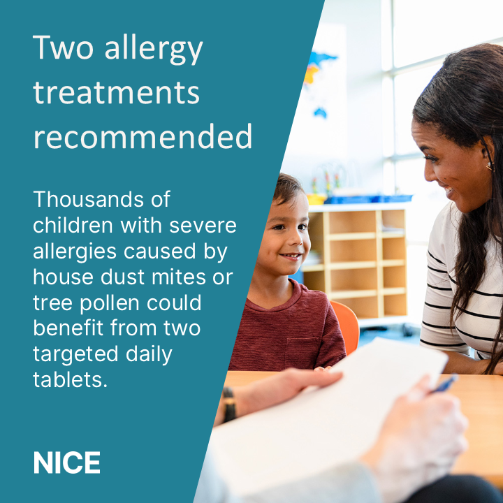 NICEComms's tweet photo. Children aged five and over are set to benefit after we recommended widening access to targeted treatments for severe dust mite and birch tree pollen allergies today. Find out more about 12 SQ-HDM SLIT and betula verrucosa:

https://t.co/X79RWtyPT8 https://t.co/CjWE8cqTPO