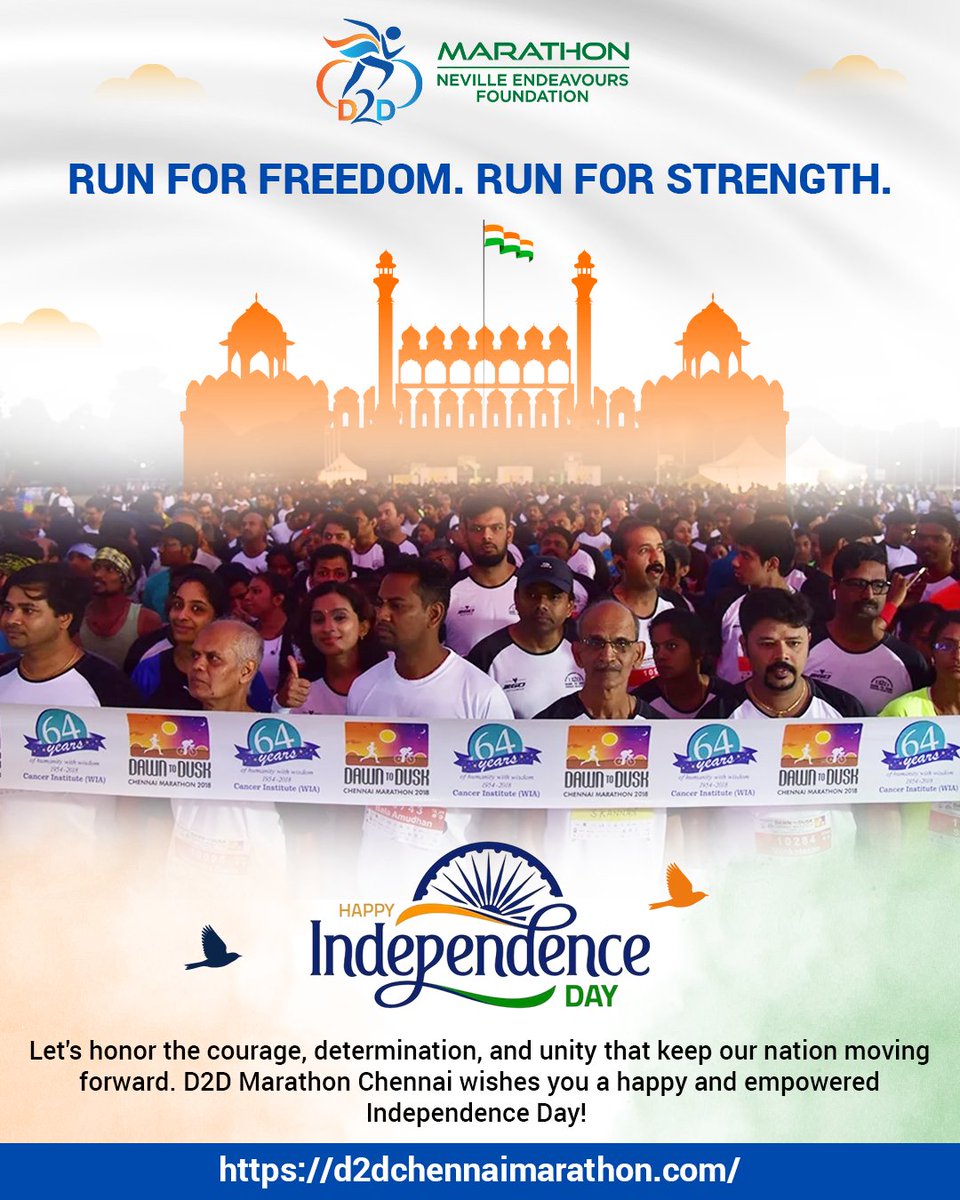 d2dchennai's tweet photo. 🇮🇳 Run for Freedom. Run for Strength.

D2D Marathon Chennai celebrates the courage, unity, and spirit of India this Independence Day. Let’s run towards a stronger, healthier, and brighter nation. 🏃‍♂️🇮🇳

#d2dmarathon #independenceday #runforfreedom https://t.co/aKo6jXyUg4