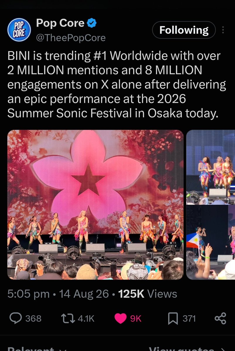 MichaelGClement's tweet photo. They even exceeded the Coachella Record

BINI MAKES OSAKA BLOOM  #BINI_SummerSonic_Osaka #BINIxSummerSonic2026 https://t.co/YHPGif22J3
