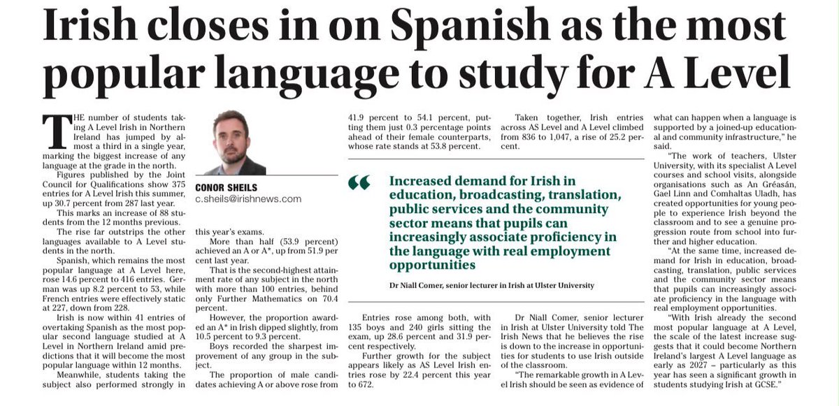 CnaG's tweet photo. 👩‍🎓Athbheochan na Gaeilge sna scoileanna ó thuaidh ag dul ó neart go neart. 

"Irish A-levels up 30% in a year as language closes in on top spot" (287 ➡️ 375) 😍

"Further growth for the subject appears likely as AS Level Irish entries rose by 22.4% this year to 672."

"The remarkable growth in A Level Irish should be seen as evidence of what can happen when a language is supported by a joined-up educational and community infrastructure. At the same time, increased demand for Irish in education, broadcasting, translation, public services and the community sector means that pupils can increasingly associate proficiency in the language with real employment opportunities."

Léigh: https://t.co/rjw8GLc7jP