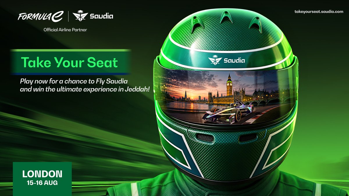 FIAFormulaE's tweet photo. The Fly Saudia Racing Zone is BACK!โก๐
Join us this weekend at the Hankook London E-Prix and set your lap time for the chance to win an unforgettable experience at the Jeddah E-Prix in December!โ๏ธ
#ThisIsHowWeFly #FlySaudiaRacingZone #FormulaE https://t.co/Q32r0SsnN8