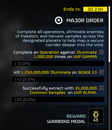 helldivers2's tweet photo. MAJOR ORDER: The Void Warp Relay is online; Helldivers are ordered to enter the Void immediately. Within this anomaly, conventional astronomy and navigational arrays are practically non-functional, owing to the completely alien environment, incomprehensible to standard-issue perception.

To enable onward navigation, science teams are deploying alongside ground forces, to analyze target world exposure-duration. Calculating this molecular degradation trail—using an advanced form of cosmic carbon-dating—will lead back to its epicentral origin: the hidden source planet within the Void.

To make this process possible, Helldivers must extract 35,000,000 samples from UVP APLHA, complete 1,000,000 operations on UVP GAMMA, and eliminate 1,250,000,000 hostiles on SENGE 23.