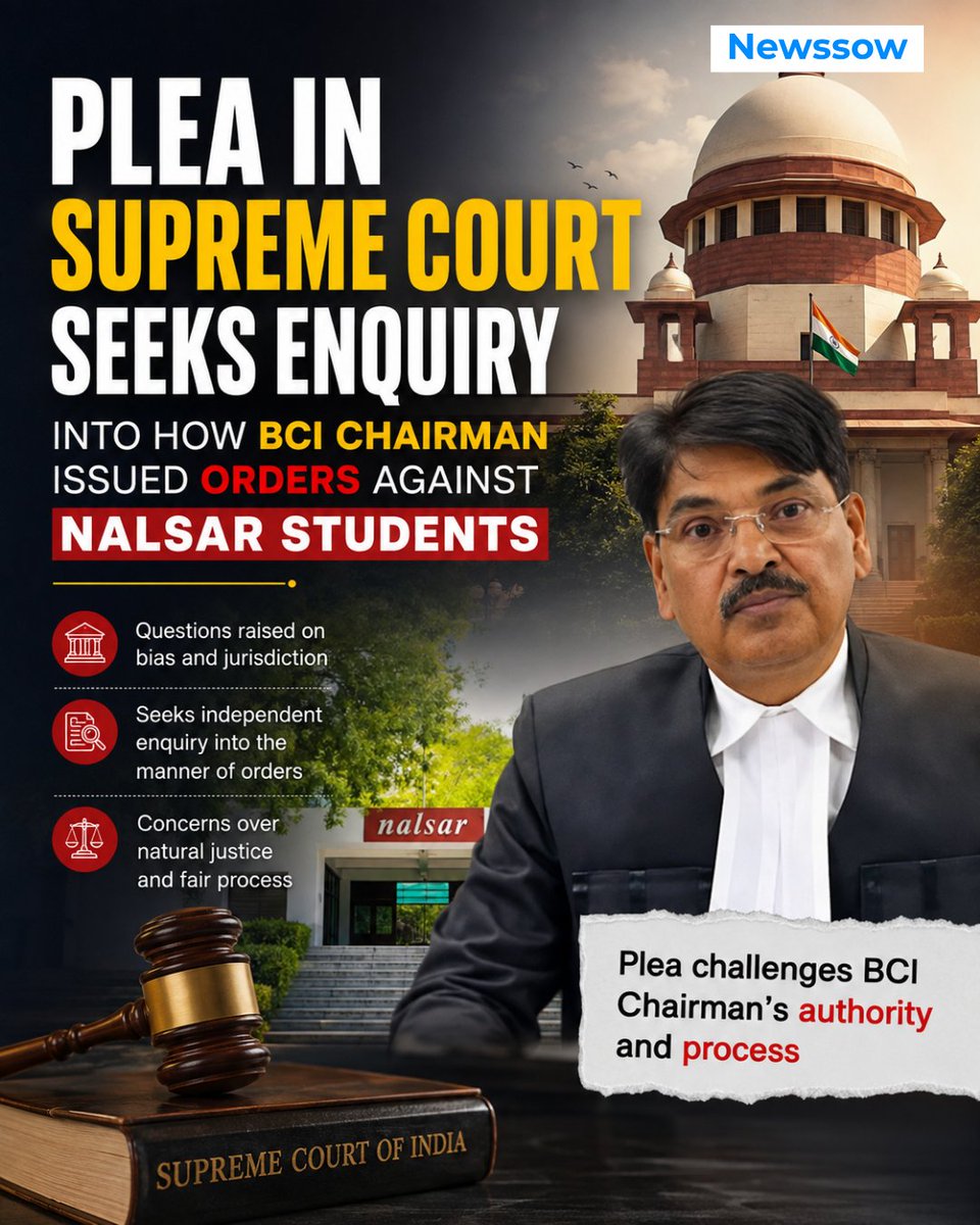 TheNewssow's tweet photo. BREAKING: SC Plea Seeks Enquiry Into BCI Chairman’s Orders Against NALSAR Students. ⚖️

But what led to the orders? And was due process followed?

Read. Question. Share your view. 👇

#SupremeCourt #BCI #NALSAR #LegalNews #Newssow https://t.co/nUCuoMKw25