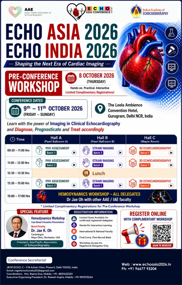 JaeKOh2's tweet photo. Asian Pacific Association of Echo (AAE) and Indian Academy of Echo (IAE) are cosponsoring Echo Asia and Echo India 2026 in historic Delhi, India from Oct 8 to 11. There will be a joint session with @ASE360 and Lectures to honor Professors Nanda, Pandian, and Khanderia. https://t.co/0EMfvPJYSO