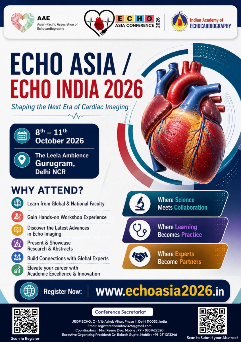 JaeKOh2's tweet photo. Asian Pacific Association of Echo (AAE) and Indian Academy of Echo (IAE) are cosponsoring Echo Asia and Echo India 2026 in historic Delhi, India from Oct 8 to 11. There will be a joint session with @ASE360 and Lectures to honor Professors Nanda, Pandian, and Khanderia. https://t.co/0EMfvPJYSO