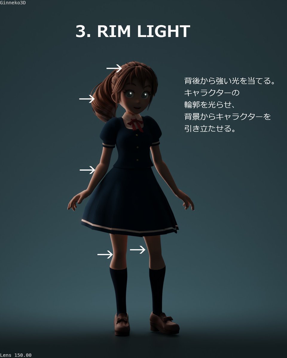 airacg005's tweet photo. 3DCG ライティングの超基本、
【 THREE POINT LIGHTING 】
を工程に分けて実践図解しました。
3種類の光を組み合わせ、
立体的かつ印象的な
キャラクター画を作る！
How to Light My Character!
#b3d #blender https://t.co/bq3kYtwe0f