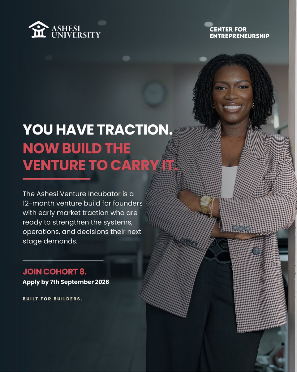 ace_ashesi's tweet photo. Traction means the problem is real. AVI is for founders ready to build the venture that matches it.
Link: https://t.co/kgFXcalngK
Applications for Cohort 8 close September 7, 2026
#AshesiEntrepreneurs #BuiltForBuilders #BuildWhatWorks https://t.co/mUaHWdecSZ