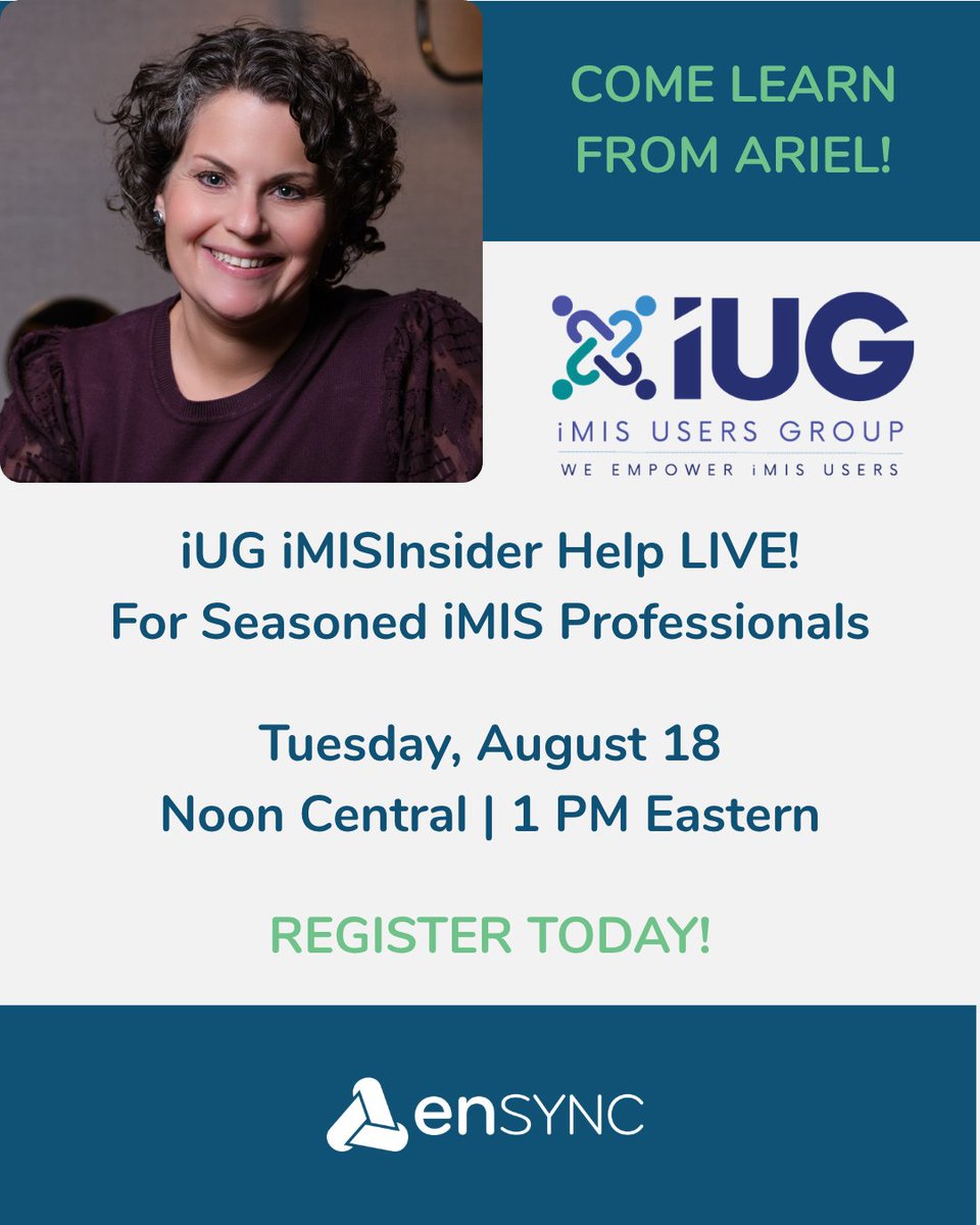 ensync1's tweet photo. Ready to take your #iMIS expertise to the next level?

Join iUG for iMISInsider Help LIVE! for Seasoned iMIS Professionals, where enSYNC’s Ariel and a panel of iMIS experts will tackle advanced questions in real time. 

Register today!

https://t.co/9FaZ4EXvnM https://t.co/6IcAyznOO1