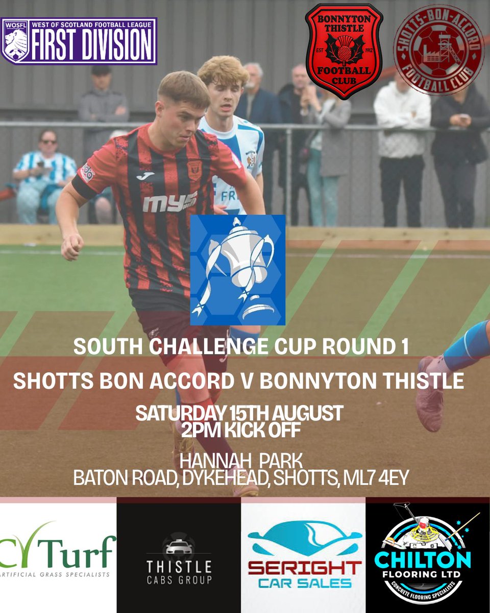 Bonnyton1912's tweet photo. South Challenge Cup
Round 1

Shotts Bon Accord V Bonnyton Thistle

🗓️ 15/08/2026
⏰ 2pm
📍Hannah Park 

#footballinthecommunity #uptheton🔴⚫️ https://t.co/Y7MlddRckF