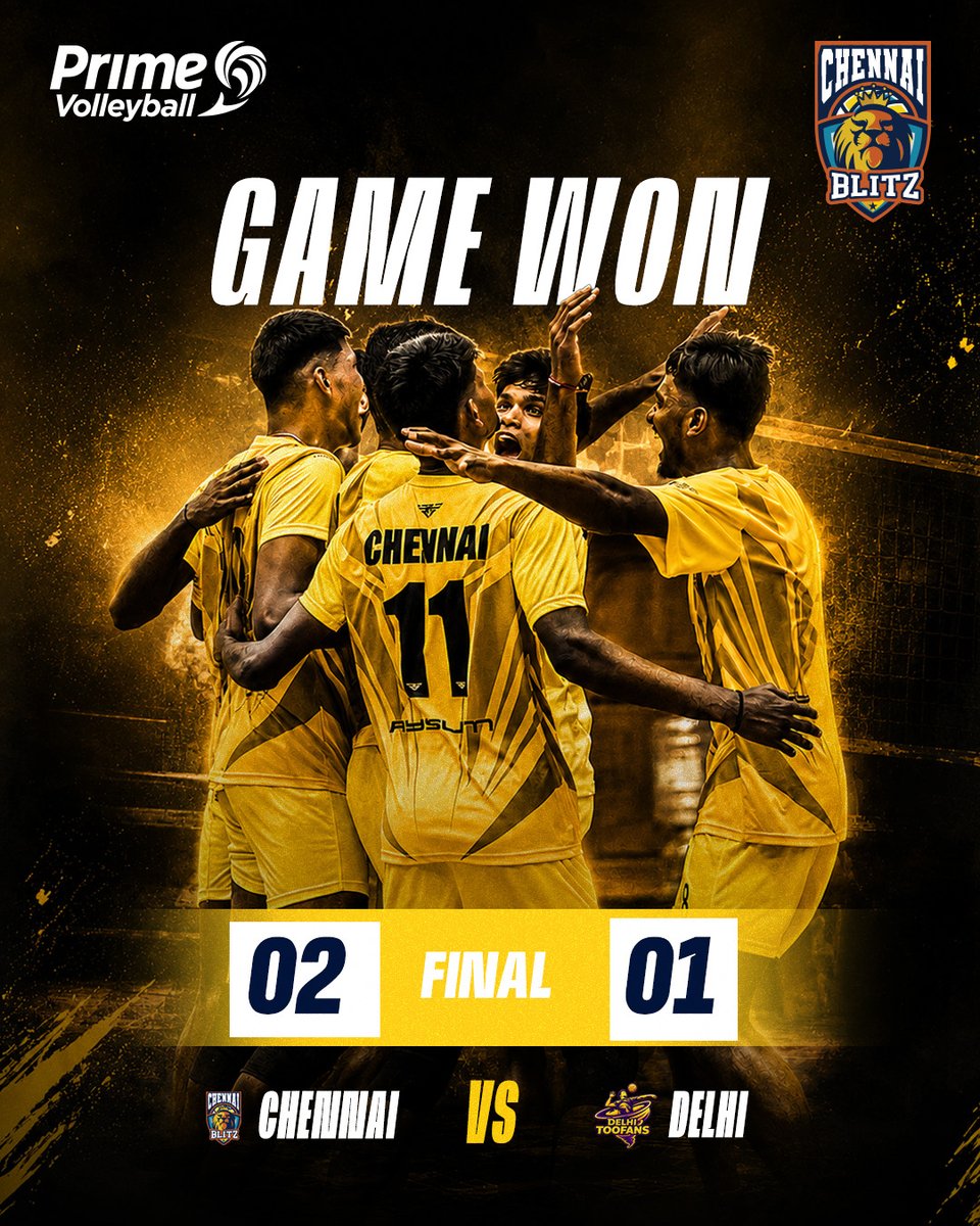 ChennaiBlitz's tweet photo. 🏆 GAME WON! ⚡🔥

The Blitz boys get it done! 💪🦁
Chennai Blitz 02 – 01 Delhi 🏐
A hard-fought battle, a big win, and another step forward! 🔥

Keep pushing, Blitz! ⚡

#ChennaiBlitz #BlitzArmy #PrimeVolleyball #GuardiansTrophy #U21Volleyball https://t.co/RprCxMedBC