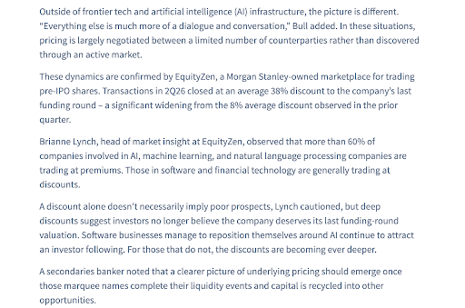 EquityZen's tweet photo. Hot or cold? The VC secondaries market is both. 

In a recent feature by Mergermarket, EquityZen's Head of Market Insight, Brianne Lynch, highlighted the growing divide in the pre-IPO market:

Capital density at the top: High-demand AI and frontier tech names are trading at premiums.

Discount opportunities: Enterprise SaaS and fintech are largely trading at discounts to their last funding rounds, creating value opportunities for disciplined buyers.

Structure matters: High demand for scarce allocations has driven a surge in multi-layered SPVs, making contractual transparency and governance crucial for investors.

🔗https://t.co/g2K8zpBaiq 

Not all pre-IPO companies will go public or be acquired, and not all IPOs or acquisitions are or will become successful investments. There are inherent risks in pre-IPO investments, including the risk of loss of the entire investment, illiquidity, and fluctuations in value and returns.