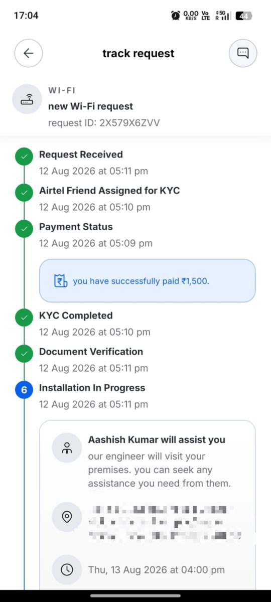 SKYXELVISH's tweet photo. Paid upfront ₹1500 for new Airtel Wi-Fi via app (Req ID: 2X579X6ZVV).Status shows installation in progress, but the assigned engineer says he has NO user details on his device to complete the setup!Helpline is giving zero help.Fix this backend error @Airtel_Presence @airtelindia https://t.co/IzbQWfiTRO