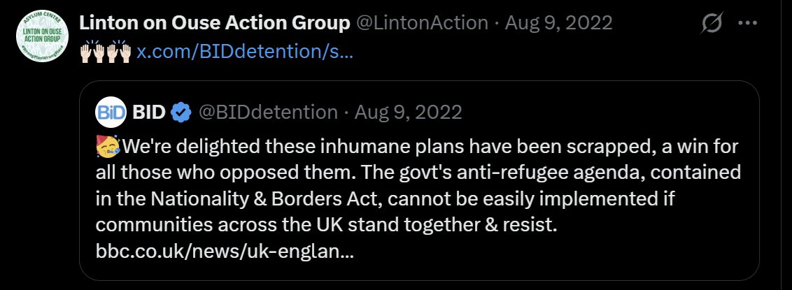 infinitehorus's tweet photo. Priti Patel nearly imposed thousands of foreigners on Linton-on-Ouse in spring 2022. When locals protested, Kevin Hollinrake, the Tory MP ignored them. Then a pro-refugee group calling itself Linton-on-Ouse Action Group, made itself the leaders of the protests with the help of the Yorkshire Post and other press. The Action Group (probably just Olga Matthias) was solely concerned that Linton was a bad place for the refugees. Then Kevin Hollinrake began to show an interest, then claimed victory when the government dropped the plans, and was then made Tory party chairman.

Typical posts from the Action Group. More below.