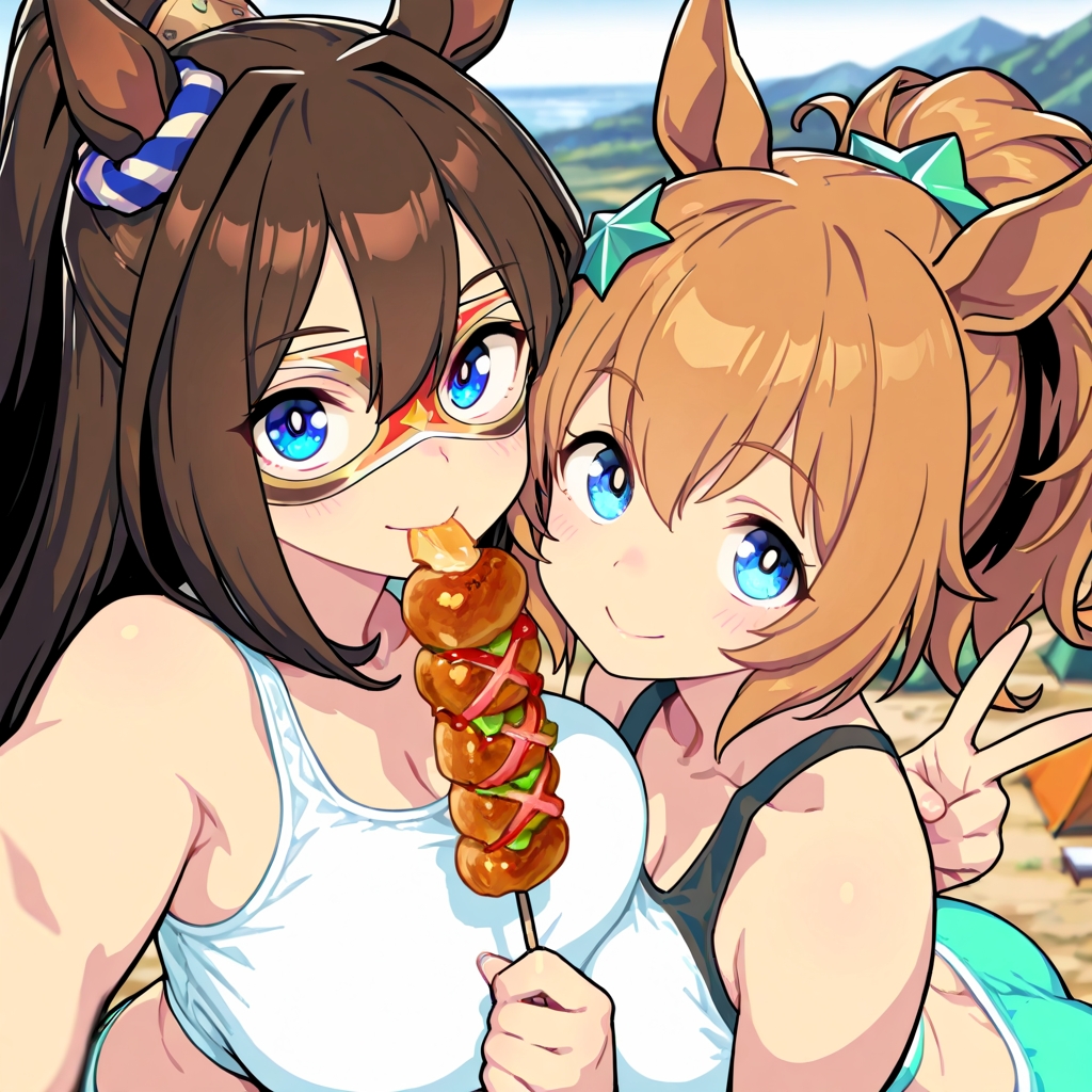 analyzerKENZEN's tweet photo. 学園一（？）のBBQ奉行と目されるこのお二方（BBQ!BBQ! その10）で、このシリーズは一区切りの予定でしたが、試しに水着にしてみたらツボったので水着バージョンでもう少し続くかも…… #エルコンドルパサー #タイキシャトル https://t.co/sVKUdEpNvY