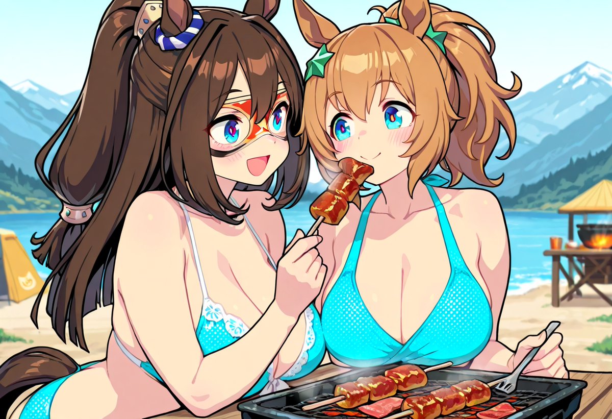 analyzerKENZEN's tweet photo. 学園一（？）のBBQ奉行と目されるこのお二方（BBQ!BBQ! その10）で、このシリーズは一区切りの予定でしたが、試しに水着にしてみたらツボったので水着バージョンでもう少し続くかも…… #エルコンドルパサー #タイキシャトル https://t.co/sVKUdEpNvY