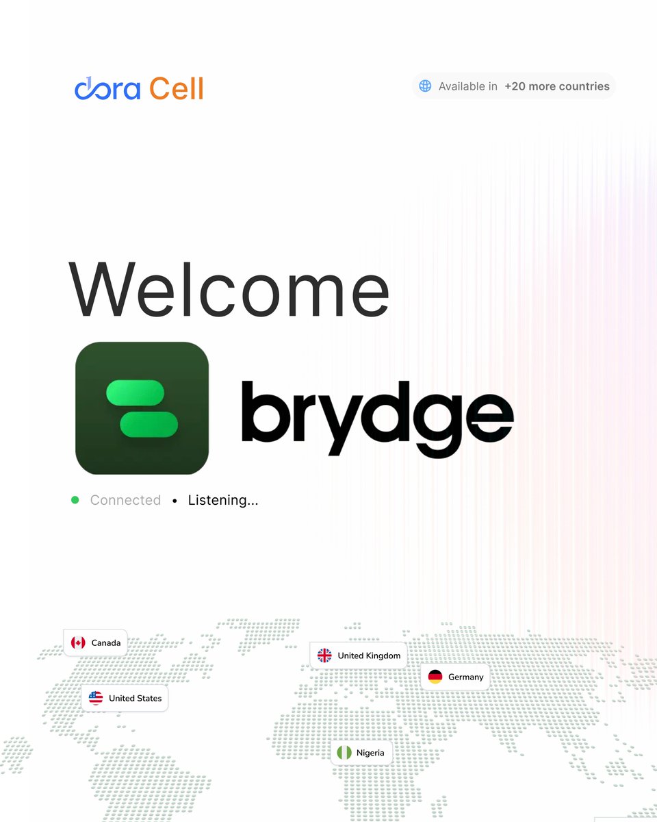 usedoraHQ's tweet photo. We are pleased to welcome Brydge to the Dora Cell ecosystem.

Brydge is building infrastructure for intra-Africa trade, helping businesses source, verify, pay, and track cross-border transactions across African markets.

 #usedora #businesscomms #customersupport https://t.co/8QZYkggtW8
