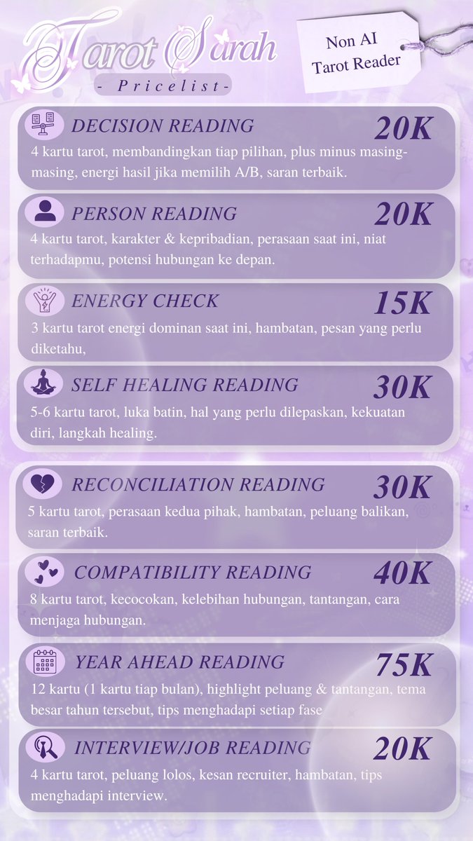 Haggjard's tweet photo. Tarot Sarah open yaaa~ siap untuk menjawab berbagai jenis kegundahanmuuu. Yuk gas yang mau kepoin pricelist di bawah yap!

2

#zonauang #zonacuan #bealanja #tarot https://t.co/AlFyNkd2dx