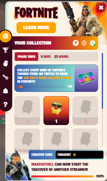 FN_Assist's tweet photo. Watch Fortnite Creators on Twitch and Earn FREE Rewards!

- When watching, Fortnite-themed objects (Sprites) will randomly appear. Collect them to add them to your collection.
- Collect every different kind of Sprite to earn that Phase's featured reward.
- 4 Phases - A new collection and rewards go live at the start of every Phase, and a Lobby Hack is revealed at the end of each Phase. What’s a Lobby Hack? Stay tuned…

Rewards:
- Sign-in to the event = Sprite Slash Spray
- Collect 1 item in Phase 1 = Sprite's Revenge Spray
- Revealed after each Phase = Lobby Hacks
-  Collect every item (9) = The Salty Duck Loading Screen
- Phases 2- 4 = ???

🔗 https://t.co/UbNEv5Oucw