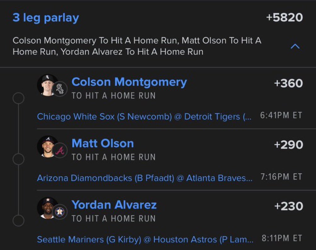 legacywin_'s tweet photo. 3-leg HR parlay just dropped 🔥

Colson Montgomery
Matt Olson
Yordan Alvarez

All to go yard tonight at +5820
Absolute chaos energy.

Who’s riding? 🚀

#MLB #HomeRuns #Parlay #Yordan #Olson #Montgomery #BaseballTwitter https://t.co/X7zyZRT9Tx
