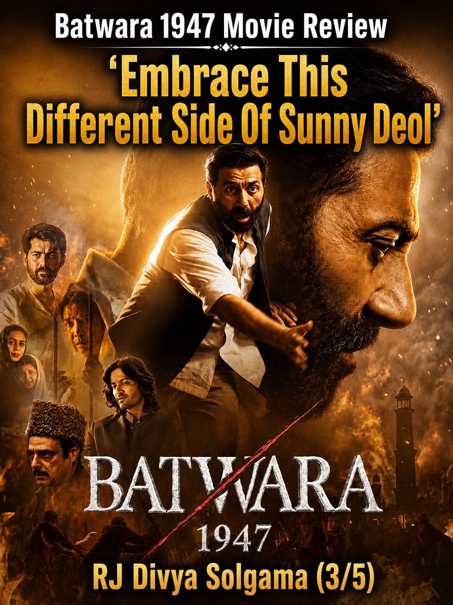 DIVYASOLGAMA's tweet photo. #Batwara1947 Review

‘Embrace This Different Side Of Sunny Deol..’

Garam Hawa was one of the first films of its kind based on the India-Pakistan Partition, followed by some more power-packed films and shows such as Pinjar, Tamas, Train to Pakistan, 1947 Earth, Gadar: Ek Prem Katha and a few more, including the recently released Main Vaapas Aaunga. The latest to join this niche list is Batwara 1947, which is based on the popular play Jis Lahore Nahin Dekhiya.

Batwara 1947 narrates a beautifully written tale about the bond between a Muslim family staying in the house of a Hindu lady in Pakistan, just after the Partition. The first half takes a lot of time to establish the plot and also has some side plots running alongside it. Though there are some good scenes, such as Sunny escaping on a train, Sunny and his family meeting Shabana for the first time, and Abhimanyu Singh at Sunny’s house. But besides that, the screenplay is super stretched in the first half and goes into a repetitive mode. The second half slowly picks up pace, and we are treated to some fiery scenes of Sunny Deol when he has a face-off with Abhimanyu Singh, saves Shabana Azmi, or shows his anger at the police station, followed by an outstanding finale.

It’s good to see #SunnyDeol in such a different yet familiar avatar. This will be among his best works for sure. #ShabanaAzmi charms once again with her ace and fine performance. It’s so good to see #PreityZinta in a film; she looks great and does her part with grace. Ali Fazal is wasted. #KaranDeol is fine in his part and has one strong scene to cherish. #AbhimanyuSingh is powerful and justifies his role.

Music by #ARRahman is good but not great. Tabassum is a fantastic song and one of #SonuNigam’s best. Hum Mooh Mod Ke is good. The rest are average.

It’s good to see #RajkumarSantoshi in his element after back-to-back debacles. Though it’s not his best, he still has his touch, especially in the second half of the film. Wished the same was maintained throughout the film, with a more crisp and impactful pace.

So, on an overall basis, Batwara 1947 will make you embrace this different side of Sunny Deol, and the second half will be loved by people who enjoy good cinema. For all his hardcore fans, well, let’s wait for his next action entertainer, as this is definitely not your cup of tea.

RJ Divya Solgama (3/5)

@iamsunnydeol @AKPPL_Official @ZintaMz11 @RajSantoshi