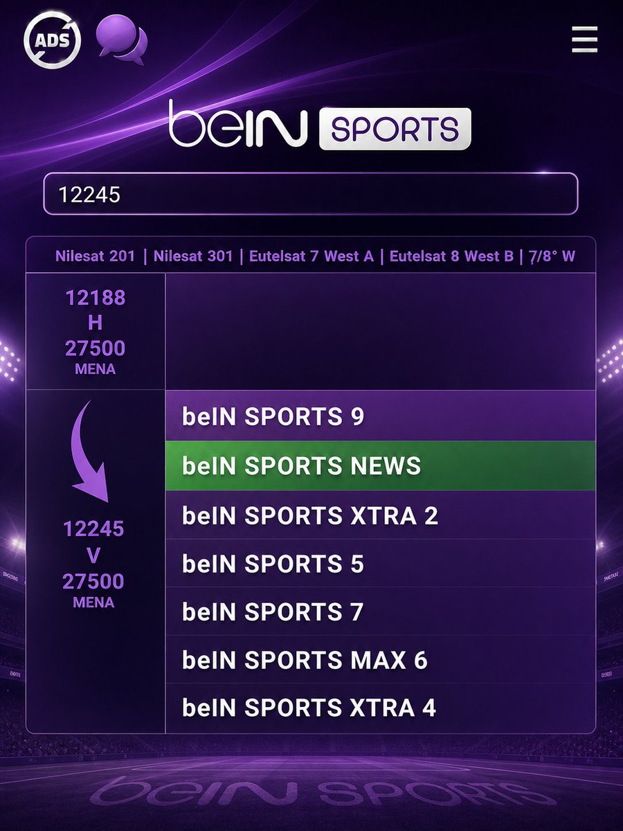 nilesat7w's tweet photo. انتقلت قنوات beIN SPORTS، من بينها القناة الإخبارية، من التردد 12188 أفقي إلى التردد 12245 عمودي.
📱 للاطلاع على أحدث تحديثات القنوات والترددات عبر تطبيق:
https://t.co/3BiTn3G7aT  https://t.co/CKOQkf5WIe