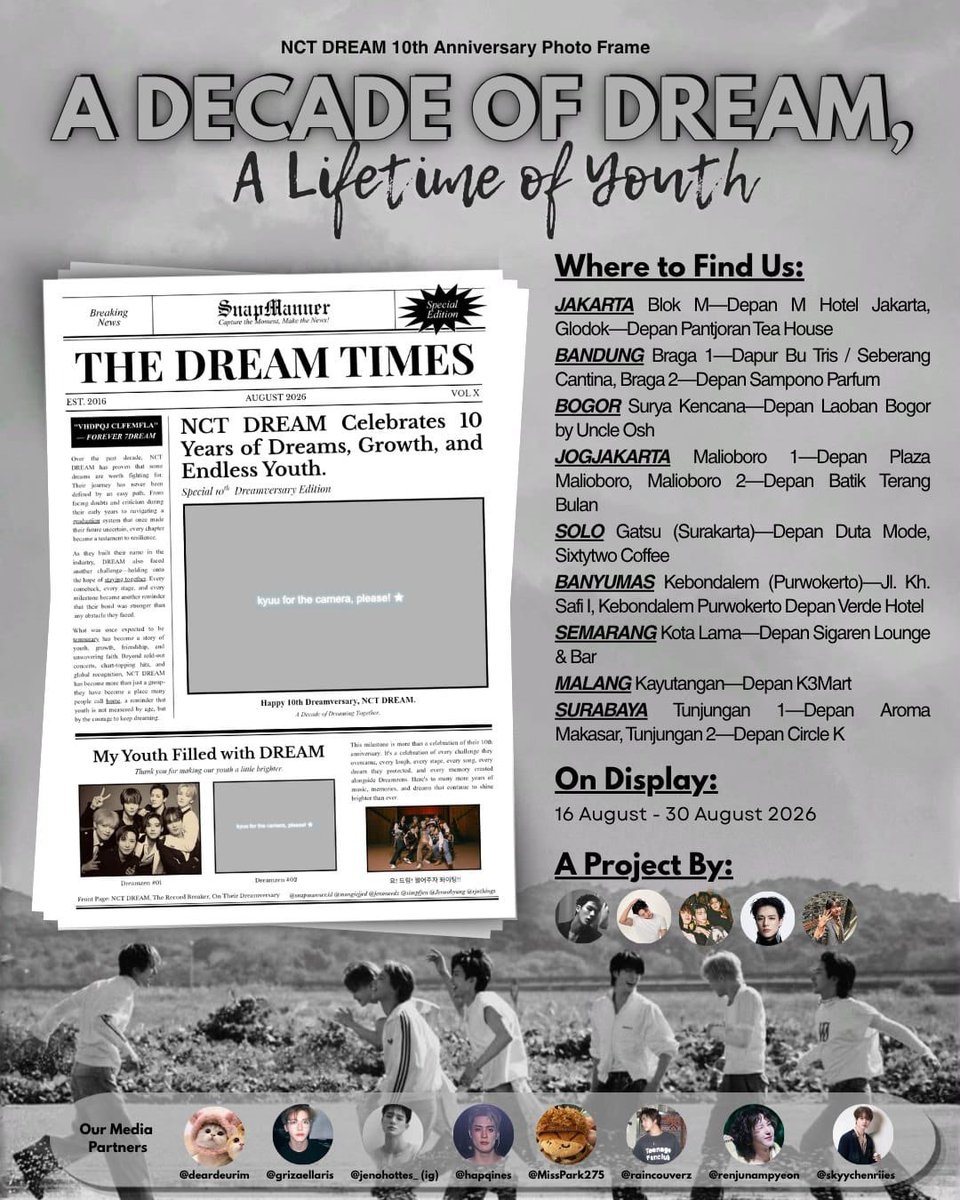 mongiejjed's tweet photo. 🗞 BREAKING NEWS: NCT DREAM TURNS 10!

⋆. 𐙚 ̊  A DECADE OF DREAM, A LIFETIME OF YOUTH 

NCT DREAM Photoframe by @mongiejjed @jenoneedz @simpfjen @rjnthings @jenoohyung

📸 All Snapmanner Stops
📌 16–30 Aug 26

Grab ur friends, kyuu for the camera! Tag us &amp; have a kyuu-full day! https://t.co/w8ZoLqLbIa
