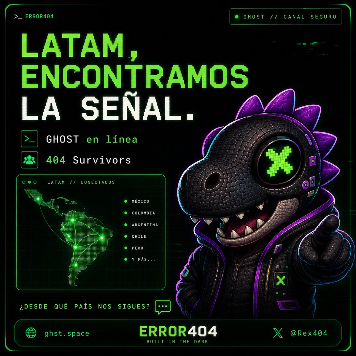 e404sol's tweet photo. 🦖 LATAM, encontramos la señal.

ERROR404 nació como meme.
Pero ya estamos construyendo más.

👻 GHOST está funcionando
🌐 https://t.co/a7m31lCSVy
🪙 $E404 en Solana

Si estás siguiendo el proyecto desde Latinoamérica, deja tu bandera abajo. 👇

404 Survivors,desde dónde nos ven? https://t.co/BXYxV0OZVN
