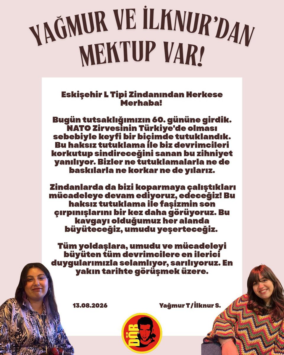 Devrimciob1's tweet photo. 🔴NATO zirvesi öncesinde tutuklanan yoldaşlarımız İlknur ve Yağmur'dan mektup var.

Yağmur'u, İlknur'u ve tüm yoldaşları faşizmin zindanlarından alacak sokakta buluşacağız.

Anti-Emperyalist Tutsaklara Özgürlük! https://t.co/AuEudrOLFO