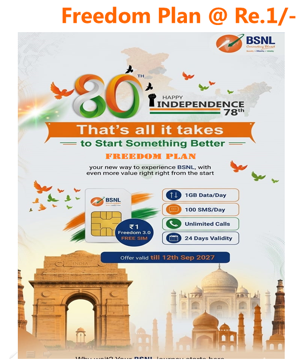 BSNL_OD's tweet photo. BSNL Odisha announced “ Re. 1 freedom offer”to experience the BSNL mobile network for just at ₹1, “ BSNL Fiber Freedom Plan” at ₹1111/- per month , “ BSNL Self Care New APP”, and “BSNL Satellite Phone Services” using satellite connectivity.
#BSNLIndia  #IndependenceDayWithBSNL https://t.co/xzY2bDl9nZ