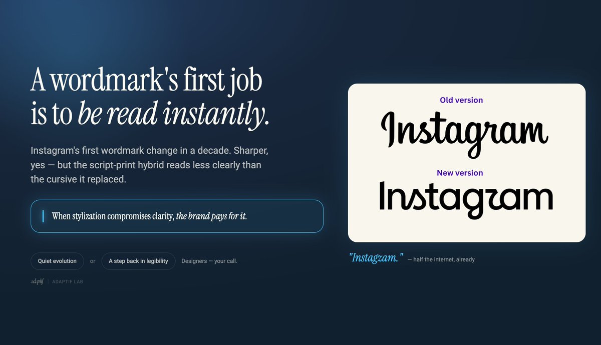 adaptif_lab's tweet photo. Instagram just refreshed its wordmark for the first time in a decade. 

They called it “sharper and more modern.” Fair. 
The old cursive was starting to feel dusty. 

But the execution is a hybrid of script and print that somehow became less legible.

Half the internet is already reading it as “Instagzam.” That’s the risk with stylized letterforms: when craft beats clarity, the brand pays for it.

A wordmark’s first job is to be read instantly. The camera icon stayed the same (smart), and the broader system updates feel stronger than the wordmark itself. Brand equity this big can absorb a lot.

But “people will get used to it” is never the brief I want to write. 

Designers, quiet evolution or a step back in legibility?