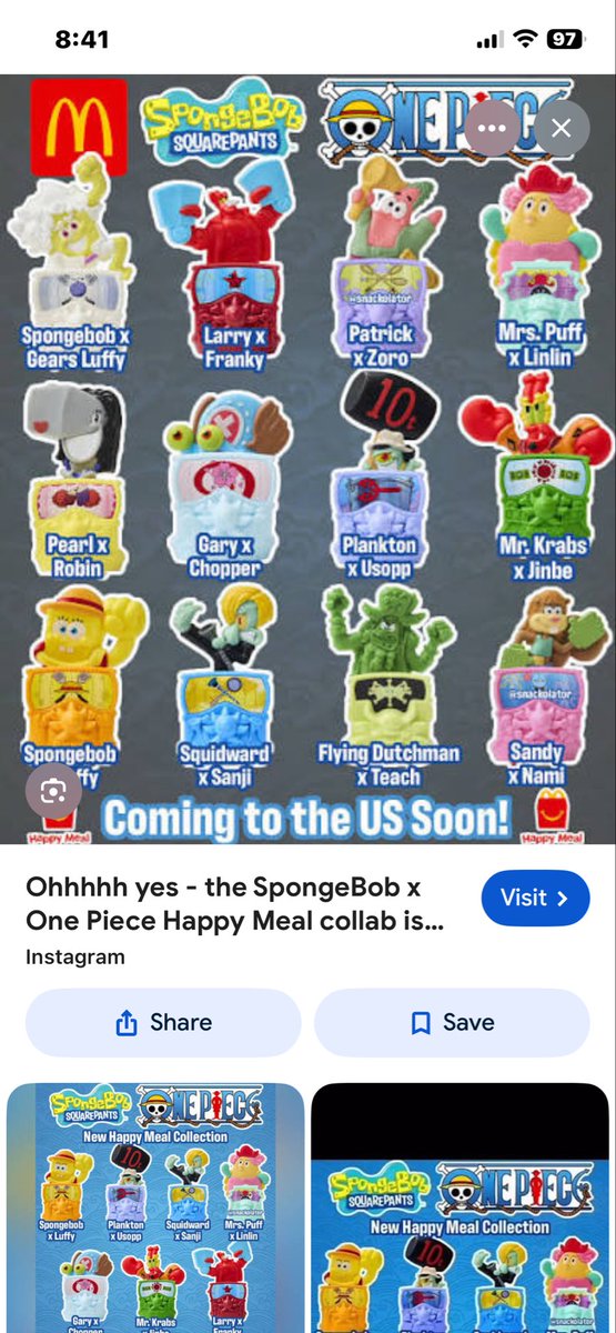 BigDog3388's tweet photo. McDonald’s is doing a crossover with SpongeBob SquarePants and one piece on August 18th to September 21st here are the toys https://t.co/MtwXkfnDWu