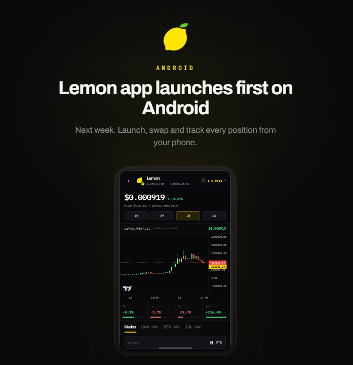 lemondotfun's tweet photo. It is time to announce Android App launch.
Self-custody, Terminal, Launch, Pulse, analytics, all from your Phone. 
Dropping next week. 
iOS approval times longer, expect it after. https://t.co/ZeowepSiZG