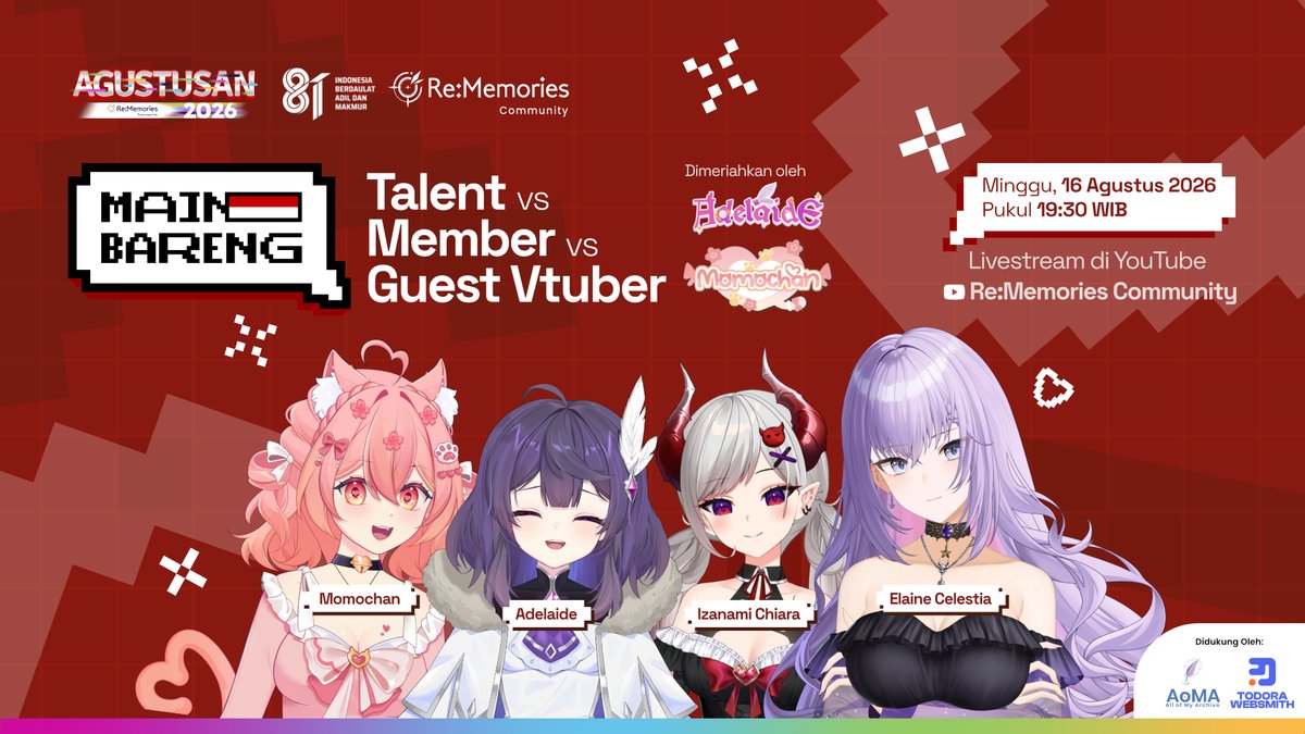 rememocommunity's tweet photo. [MAIN BARENG] Seru-seruan bareng Talent, Guest Star dan Member Community! ✨

Waiting room : https://t.co/heZsesQrPg
🌟16 August 2026
⏰19:30 WIB GMT+7

#MainBarengHUTRI81 https://t.co/WwVHbielpv