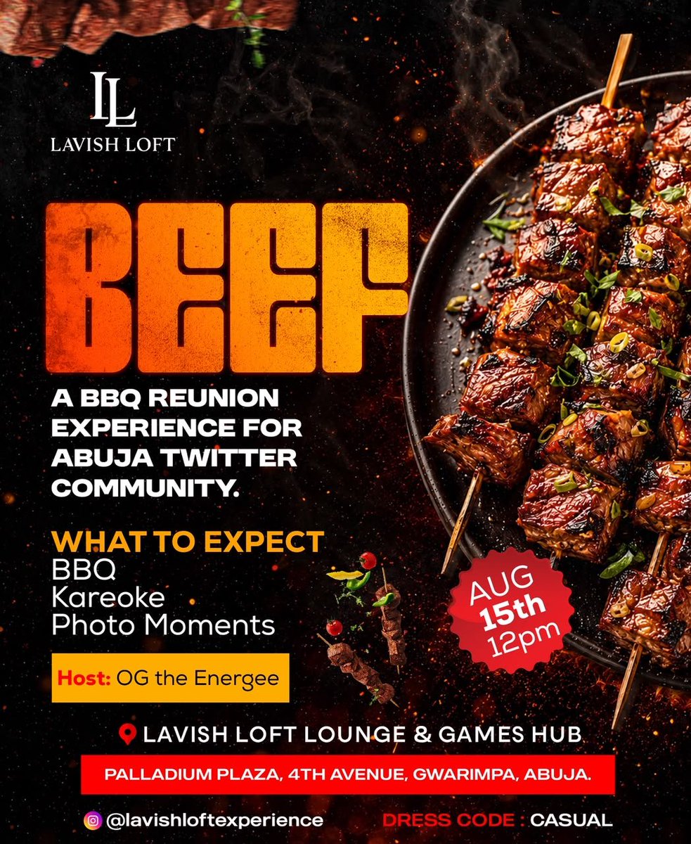 frankedyozie's tweet photo. Abuja Party People..
If you have registered for the BEEF BBQ, @LavishLoft please do well to check your email.

If you're yet to Register
⬇️ ⬇️ ⬇️ ⬇️ ⬇️ ⬇️ ⬇️ 
https://t.co/6B2EOFb8sI 

If you want a flyer like that on Frame 2, for yourself, kindly 
Hit up @ekibyleo

Do come with your vibes and energy, it'd surprise you to know who has missed it. 

I really can't wait to see you already.. 
#AbujaXCommunity