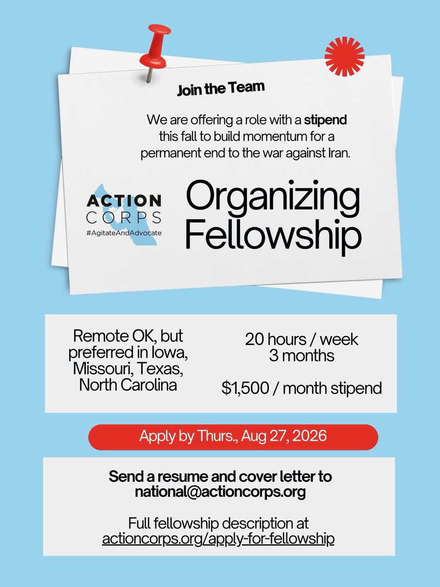 ActionCorpsIA's tweet photo. 🔔 Apply for organizing fellowship this fall in Iowa. Includes stipend.

☮️ Join our campaign for a permanent end to the war on Iran. 

🗓️ Apply by Thurs., Aug. 27

ℹ️ More info: https://t.co/7lA38T3j1C https://t.co/thBhJtlbKG