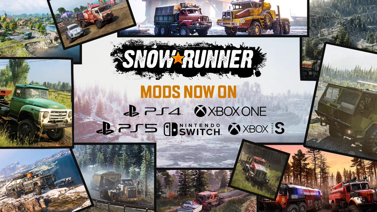 SnowRunner game advertisement showcasing off-road trucks in rugged terrain with text announcing mods available on PS4, PS5, Xbox One, Xbox Series S, and Nintendo Switch.
