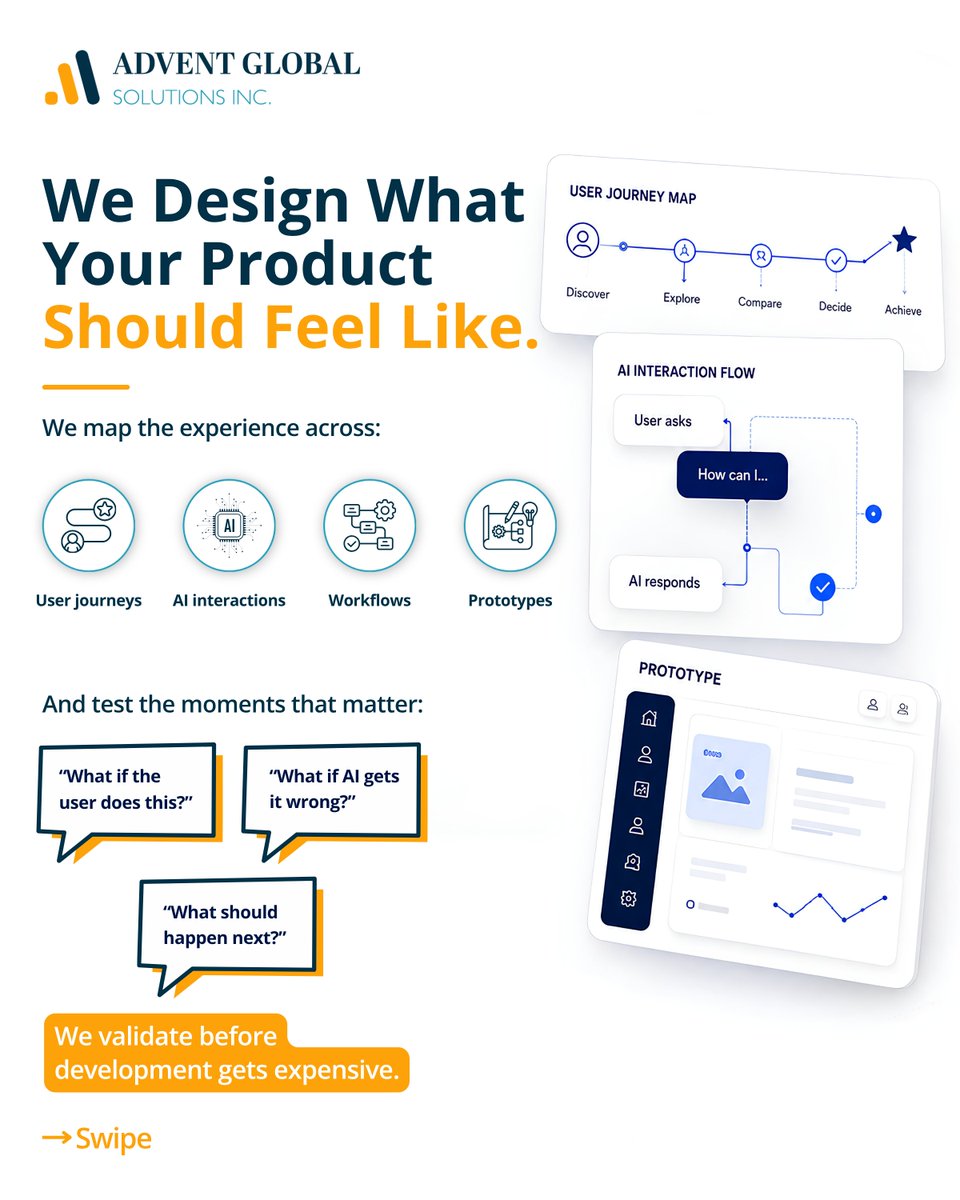Advent_Global's tweet photo. A great product starts with understanding what people actually need.

At Advent Global Solutions, we bring UX into custom product development from the very beginning.

We use AI-powered user research to uncover behaviours, expectations, and pain points.

Our UX experts then turn those insights into user journeys, interactions, prototypes, and experiences that can be tested before development gets too far.

And because every product is different, we don't believe in one-size-fits-all UX.

We bring together UX, AI, and engineering to shape your idea into a product that works for your business and, more importantly, makes sense to the people using it.

You bring the idea. We turn it into a product people want to use.

#AdventGlobalSolutions #CustomProductDevelopment #UXDesign #UserExperience #AIUX #ProductDesign #ProductDevelopment #DigitalTransformation