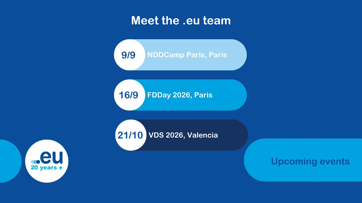 EUregistry's tweet photo. 🍂 Where can you meet us this autumn?

📍 NDDCamp Paris (@NddCamp) | 9 Sept
📍 France Digitale Day (@FRdigitale) | 16 Sept
📍 Valencia Digital Summit (@VDS_event) | 21-22 Oct

Looking forward to connecting with Europe's digital and tech community.

Will you be there? 👇

#NDDCamp #FDDay #VDS2026 #doteu