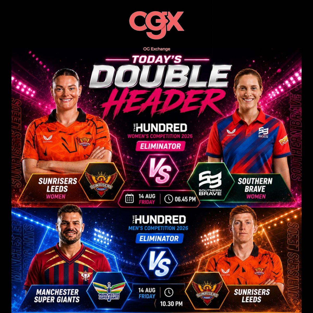 ogexch's tweet photo. 🔥 DOUBLE HEADER ELIMINATOR DAY IN THE HUNDRED! 🔥

It’s win or go home tonight! ⚡ Who will secure their spot in the final?

🏏 Women’s Eliminator: 
⏰ 06:45 PM

🏏 Men’s Eliminator: 
⏰ 10:30 PM

#TheHundred
#Cricket  
#BettingTips https://t.co/IxZRMPKlI4
