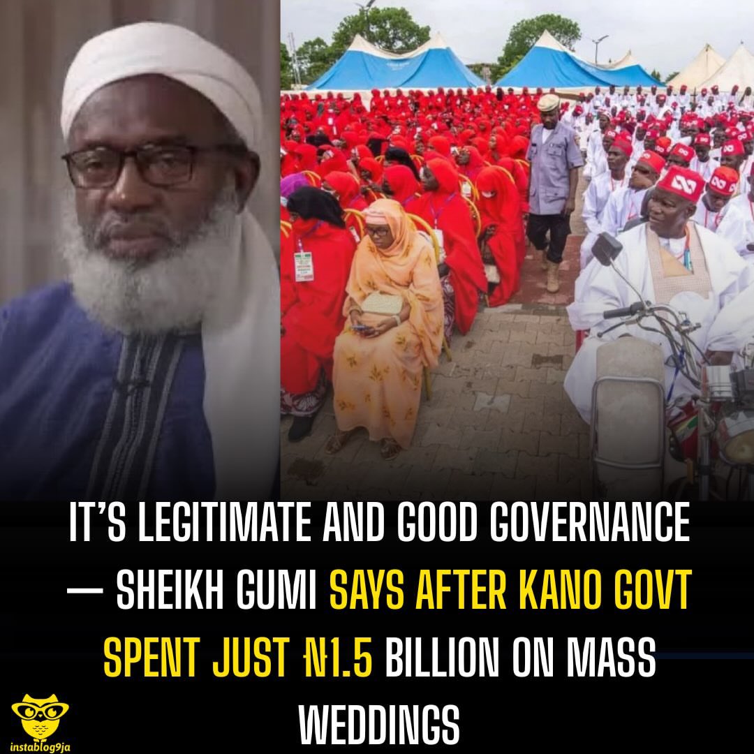 instablog9ja's tweet photo. It’s Legitimate and Good Governance — Sheikh Gumi Says After Kano Govt Spent Just ₦1.5 billion on Mass Weddings

Islamic cleric, Sheikh Ahmad Gumi, has defended the use of public funds to facilitate marriages in states operating under Shariah law, describing the intervention as a legitimate part of responsible governance.

Gumi, in a statement shared on Facebook on Thursday, argued that governments have a responsibility to support people in need of marriage in societies where pr@stitution, f+rnication, ad¥ltery and promiscuity are prohibited by both religious and state laws.

“In a Shariah law-driven state, where pr@stitution, f+rnication, ad¥ltery, and promiscuity are prohibited by both divine and state laws, using public funds to facilitate the marriage of women who are in excess of the available pool of eligible men, or of any young person in dire need of marriage, is a legitimate and responsible component of good governance,” he said.

His comments came after the Kano State Government conducted a mass wedding for 1,500 couples under its ‘Auren Gata’ initiative.

The couples were joined in marriage at a ceremony organised by the Kano State Hisbah Board as part of the government’s social intervention programme.

The initiative is aimed at supporting vulnerable couples, reducing the financial burden of marriage and providing economic and household support to help them begin married life.
