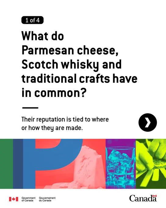 A wedge of hard cheese on a wooden cutting board, glass of whisky with ice cubes on a wooden surface, and hands weaving wooden strips and yarn into a circular basket. Text: What do parmesan cheese, scotch whisky and traditional crafts have in common? Their reputation is tied to where or how they're made.
