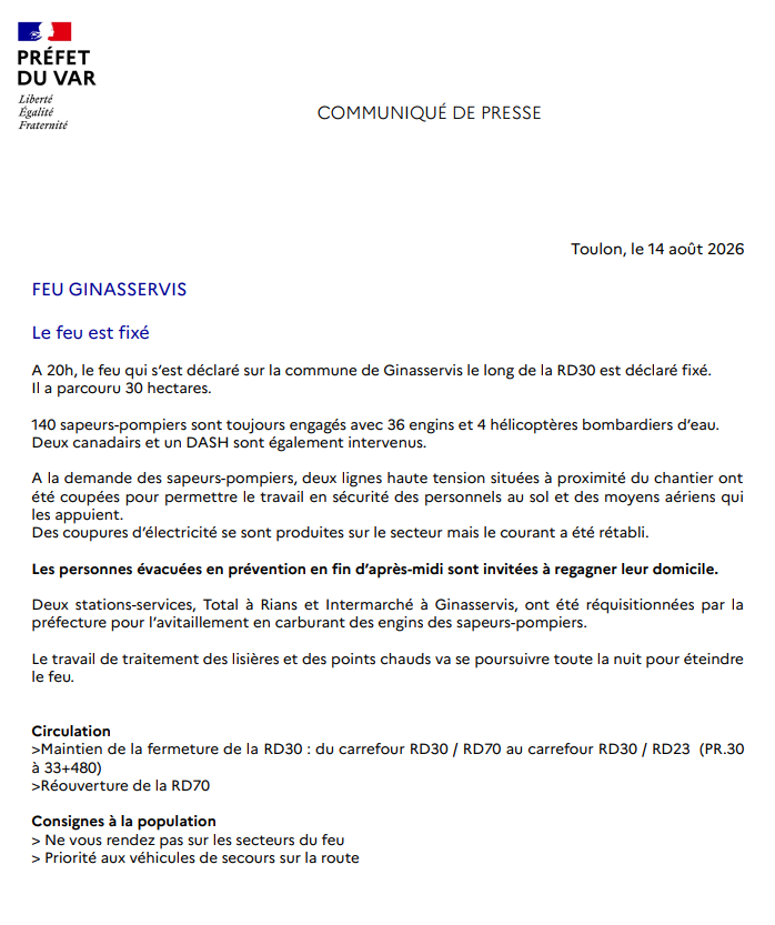 Image de Préfet du Var - #Feu #Ginasservis | A 20h, le feu a été déclaré fixé.
> Il a parcouru 30 hectares et les sapeurs-