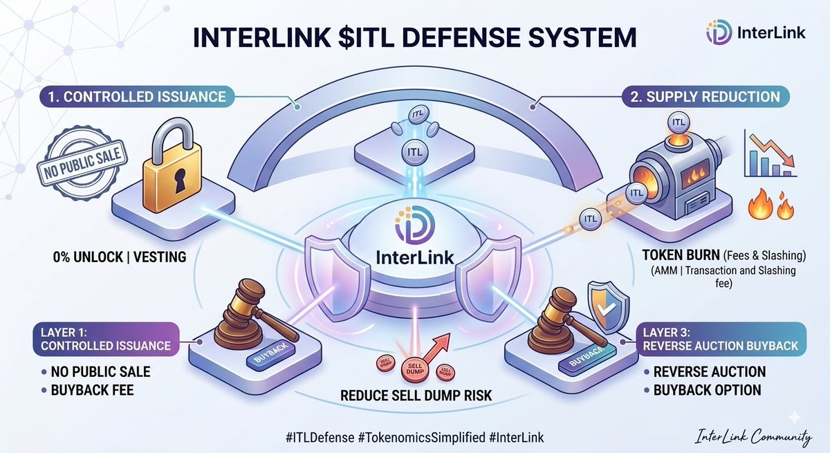 MillatITL's tweet photo. 🛡️ InterLink Network: $ITL Supply Protection Architecture
In a post shared via the InterLink Network Indonesia Fan Account, the project provided a detailed explanation of its strategy to counter the market dumping risk for its primary token, $ITL, once trading officially launches on exchanges.
Rather than relying on a single mechanism, InterLink has engineered a 3-layer defense system designed to protect token price stability and prevent sharp market downturns:
1. Tight Issuance Control
 No Public or Private Sale: There were no public sales, private rounds, or special allocations for early investors/team members at the Token Generation Event (TGE). This prevents large concentrations of tokens in a few hands that could be dumped all at once.
 Earned via Staking: $ITL tokens can only be acquired by staking another token in the ecosystem,$ITLG.
 Locking & Vesting Periods: There is a 0% initial unlock—all tokens are initially locked. They are released gradually over several months through a vesting schedule to prevent sudden selling pressure.
2. Continuous Supply Reduction
To mitigate oversupply risks, InterLink utilizes several token-burning mechanisms over time to systematically reduce circulating supply, driving structural demand and value:
 Base Transaction Fees: A portion of standard transaction fees is burned.
 AMM Swap Fees: Automated Market Maker swap fees contribute to token burning.
 Validator Slashing: Tokens slashed from penalizing bad actor validators are burned.
 Linking Demand to Real Economic Activity: InterLink implements a "Value Capture" system where demand for $ITL is directly tied to actual usage of the ecosystem. As transaction volume increases, demand for the token grows structurally.
3. Reverse Auction Buyback
As the most proactive layer of defense, if a holder or investor attempts to sell a large volume of $ITL, the project intervenes via a specialized buyback program using a reverse auction model. Sellers propose their asking price, and the project acts as the primary buyer to absorb selling pressure and support the price floor.
In Conclusion: Together, these three defense layers aim to establish a healthy, stable, and sustainable tokenomics framework for $ITL while minimizing market manipulation and mass dumping during market entry.
#InterLink #ITL #ITLG